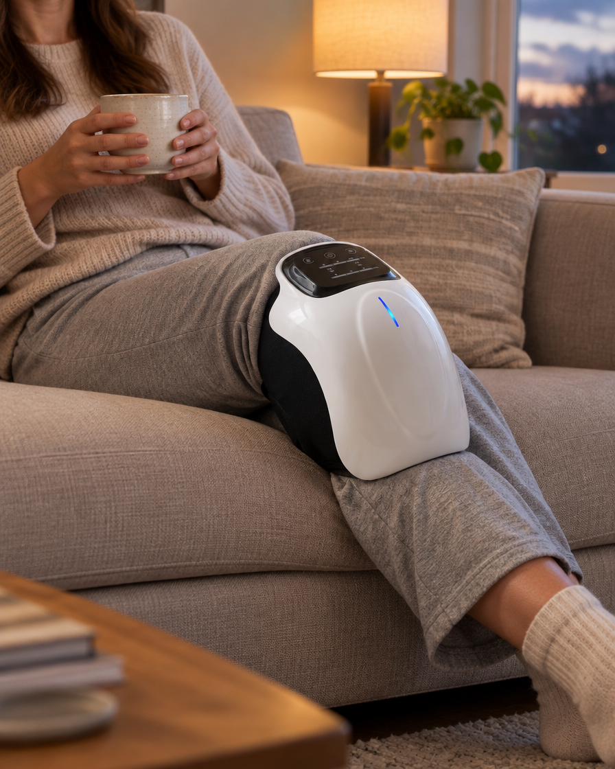 Orvena heated knee massager worn on the knee while relaxing on a sofa with a cup of tea